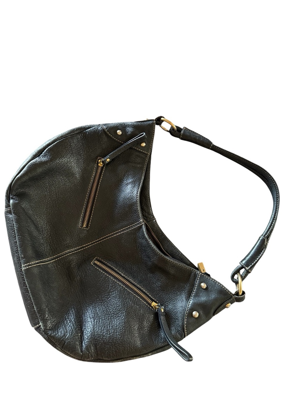 Barneys New York Black Leather Hobo Shoulder Bag with Gold Hardware